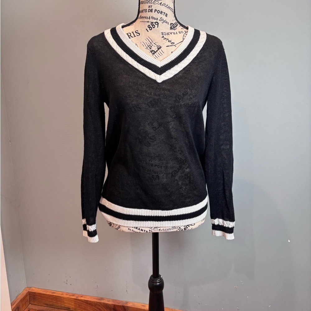 SOLD-Talbots Black V-Neck Sweater with White Accents